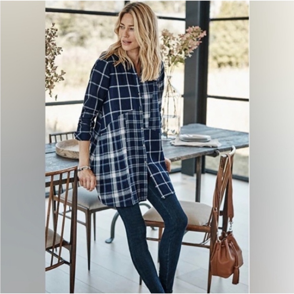 J. Jill Multi Plaid Patchwork Tunic Top Blue Button Oversized Pockets S Small